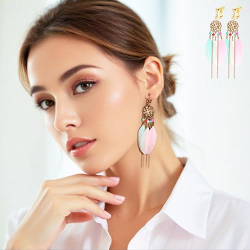 Clip on Tassel Dangle Earrings for Boho Women, Non Pierced, Colorful Feather Handmade Beads Fashion Vintage Fringe Jewelry for Parties Weddings Festivals Trendy Statement Earrings for Bohemian - color: Pink B