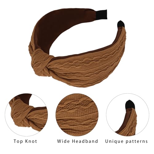 Ondder Top Knot Headband for Women Brown Fabric Non Slip Fashion Wide Knotted Headbands Hair Accessories for Women Girls - color: Brown