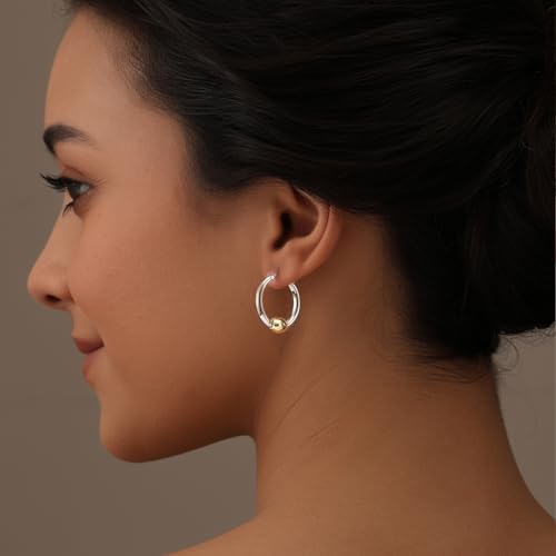 LeCalla 925 Sterling Silver Beaded Ball Hoop Earrings | Lightweight Sleeper Bead Ball Earring Hoops | Cape Style Hoop Earrings for Women - color: Thick Tube Two Tone