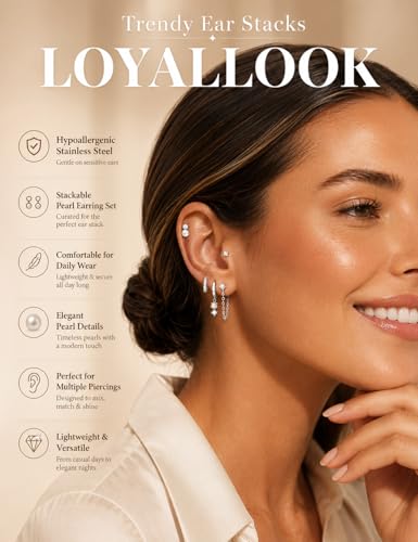 LOYALLOOK Hypoallergenic Flat Back Stud Hoop Earrings for Women, 14K Gold Plated Surgical Steel Earring Stacks Set for Sensitive Ears, Dainty Dangle Chain Silver Cartilage Earring Trendy Piercing Jewelry - color: Silver-pearl