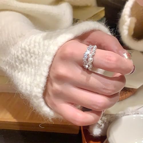 Vintage Crystal Pearl Ring Adjustable Shiny Rhinestone Wrapped Ring Layered Cocktail Knuckle Finge Rings Irregular Pearl Open Band Rings Jewelry Gifts - color: Silver