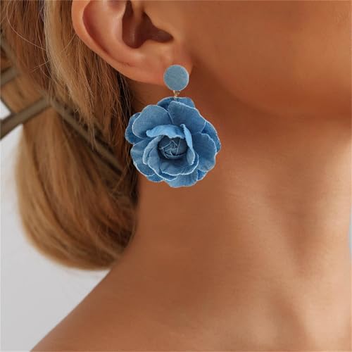 coadipress Boho Denim Camellia Flower Dangle Earrings for Women Exaggerated Big Layered Tiered Blossom Floral Drop Long Earring Chic Statement Earrings Wedding Bridal Jewelry Gifts - style: Flower Light Blue