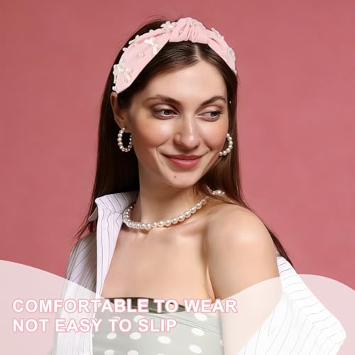 Pink Headband Bow Pearl Knotted Headbands for Women Girls Cute Fashion Wide Headbands for Women Non Slip Hairbands Head Bands for Women's Hair Bow Hair Accessories - color: Pink-02
