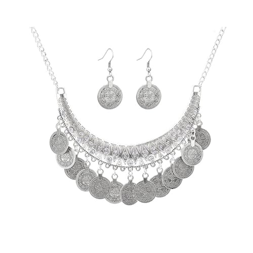 FUTIMELY Chunky Coin Necklace Earrings Set,Bohemia Plated Gold Coin Tassel Personalized Choker Earrings,Ethnic Gypsy Statement Jewelry Set for Women - color: Silver