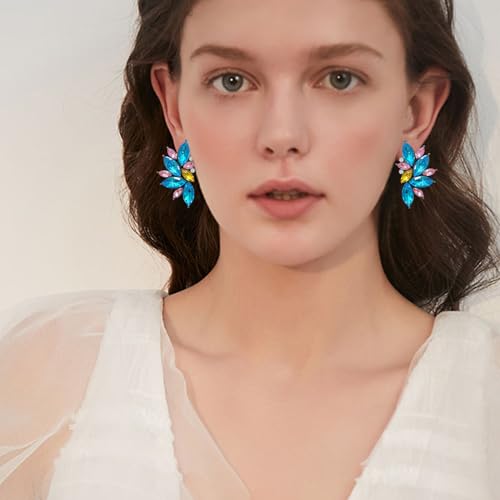 Bohemian Statement Sparkly Colourful Fancy Rhinestone Crystal Flower Dangle Drop Stud Earrings Vintage Wedding Bridal Prom Earrings for Women - color: Blue Pink