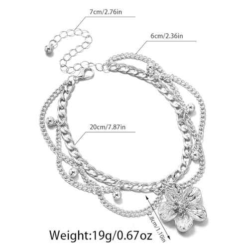 Ankle Bracelets for Women Gold Anklets for Women Waterproof Summer Beach Jewelry Pink Blue White Silver Flower Anklets for Women Plus Size Anklet Bracelet for Big Ankles Foot Jewelry - color: 2 - silver