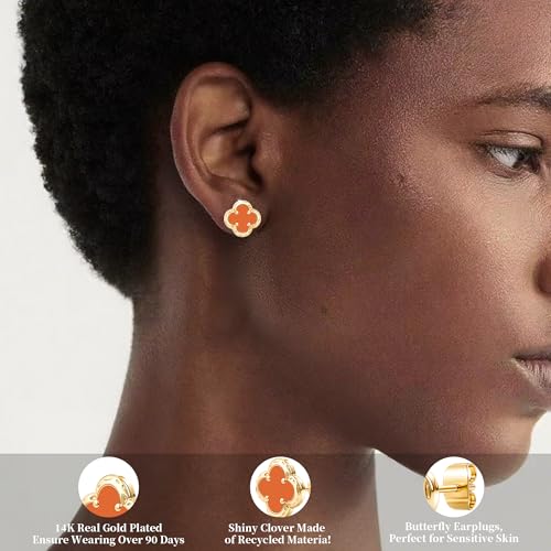 Elegant Black Onyx Clover Stud Earrings, 14K Gold Plated Four Leaf Hypoallergeinc Stud Stainless Steel Flower Earring Lucky Simple Jewelry Gift for Women Shiny Multiple Onyx Colors - color: Orange Clover Stud Earrings