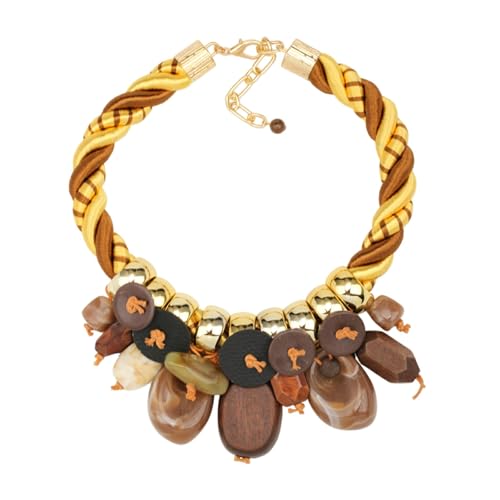Chunky Statement Wood Pendant Necklace for Women Rope Braided Colorful Resin Stone Tribal Ethnic Bold Boho Fashion Jewelry - color: N1539-brown