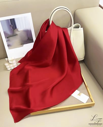Hioyiwse Satin Square Scarf for Women Solid Color Emulation Silk Handkerchief Hair Ribbon Headband Handbag Purse - color: D5-wine Red(23.6*23.6inch)