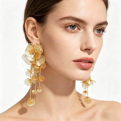 Gold Silver Filigree Floral Dangle Earrings for Women, Long Drop Statement Earrings for Vintage Wedding Jewelry - style: Gold Long Floral Earrings