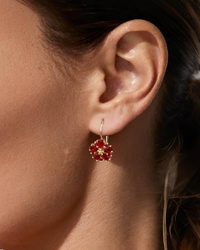 Vintage 14K Gold Plated Flower Birthstone Earrings - Hypoallergenic Leverback Floral Earrings, Trendy Jewelry Gifts for Women - color: Ruby