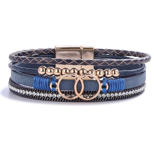 FANCY SHINY Boho Leather Wrap Bracelet Stackable Infinity Chunky Cuff Bracelets Western Hippie Outfits Jewelry Valentine Gifts for Women - color: Navy Blue