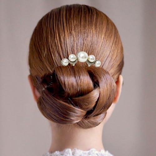 2Pcs Pearl U-Shaped Hair Pins for Buns, Vintage Metal Twist-Style Hair Comb Clips Accessories for Women (Black/Gold)