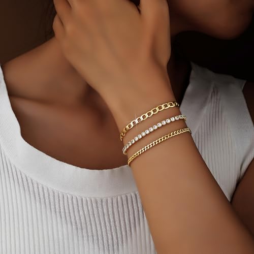 Gold Bracelets for Women, 14k Gold Plated Hand Chain Bracelet, 2 Pcs Ring Bracelets for Women Trendy Dainty Cubic Zirconia Bracelet Ring Bracelet Hand Jewelry Adjustable 6.3'+2' - style: CZ+cuban-1