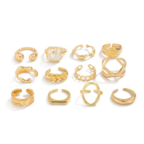 Gold Rings for Women Non Tarnish Stackable Rhinestone Moon Star Rings Dainty Stacking Pearl Butterfly Midi Pinky Thumb Joint Finger Knuckle Ring Set Gold Non Tarnish Jewelry Gifts Trendy Stuff - color: G Chunky Gold Rings 12Pcs