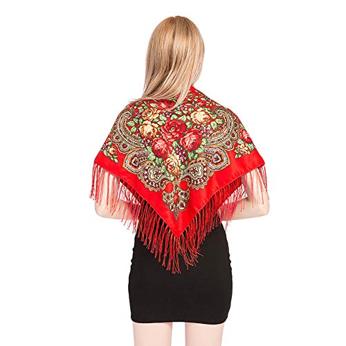 Gudessly Women's Traditional Scarf Wrap Tassel Fringes Neck Head Shawl Retro Scarf Floral Poncho Printing Square Cape 50inch - color: Cerise