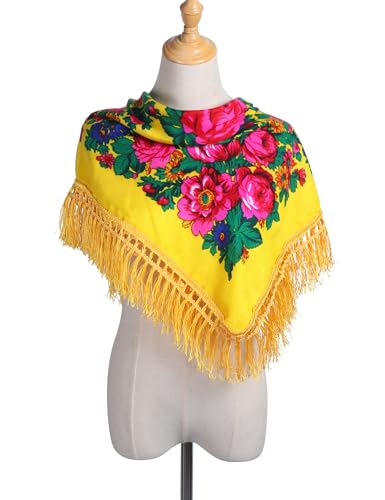 MJ SERECA Acrylic Bandana Printed Hair Scarf Square Ukrainian Head Scarf Floral Babushka Neck Scarf for Women 30"/42"/60" - color: Yellow With Tassel