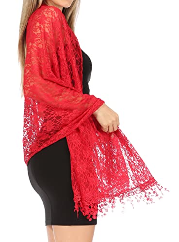 Sakkas Mari Women's Large Lightweight Soft Lace Scarf Wrap Shawl Floral and Fringe - color: Style2-burgandy