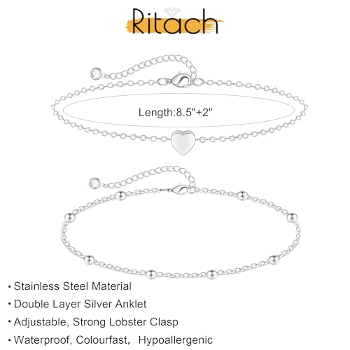 Ritach Ankle Bracelets for Women - Silver/Gold Plated Stainless Steel Anklets for Women Waterproof Layered Cuban Link Figaro Chain Heart Anklets Set Summer Beach Jewelry Gifts - color: Silver-Layered Heart Anklet