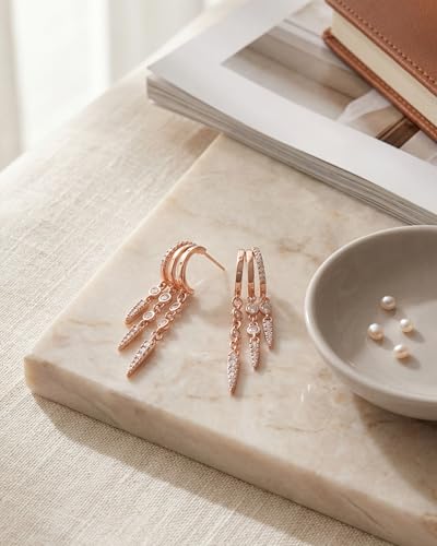MUMREUES Gold Earrings for Women Trendy 14K Gold Plated Dangle Earrings Small Hoop Huggie Drop Stud Earrings Cubic Zirconia Simple Minimalist Dainty Chain Tassel Hypoallergenic Earrings - color: Tassel & Rose Gold
