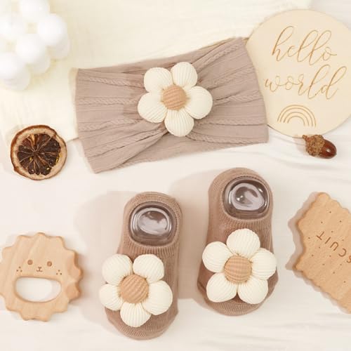 JOYOYO Baby Flower Headband and Socks, Cute Baby Girl Headbands and Soft Socks Sets for Toddler Newborn Infant Girl (Beige Pink Khaki) - color: Beige/6pcs