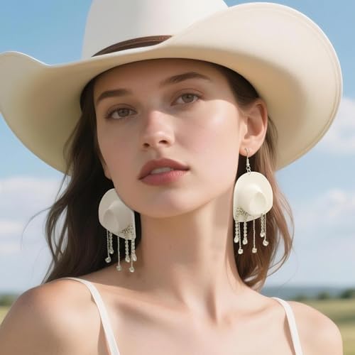 RechicGu 3 Pairs Western Cowgirl Cowboy Hat Earrings Set Silver Symmetric Boots Sparkly Rhinestone Tassels Drop Dangle Rural Culture Earrings Set For Women - color: Silver Boots,White Hat