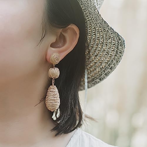 Boho Raffia Earrings Statement Dangle Earrings Cute Teardrop Ball Earrings Colorful Summer Jewelry Handmade Rattan Earrings for Women - color: Wheat