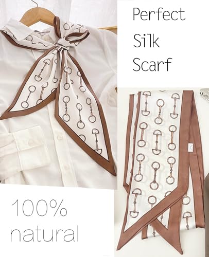 kcctoo 59” Long Silk Like Head Scarf Women's Fashion Square Neck Satin Scarfs for Bag Hair Scarves Gift 59 * 5.9” - color: N2 Buckle With Brown Edges 59" X 5.9"