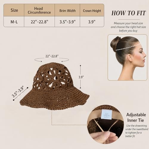 Handmade Women's Crochet Straw Bucket Hat Packable Daisy Beach Cap | Adjustable Inner Drawstring, Airy Lightweight Paper Fiber, Face Shade, Easy Storage, Feminine Openwork Floral Style - color: Coffee
