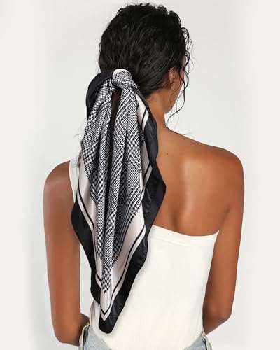 AWAYTR 35” Satin Head Scarf for Women Like Silk Scarf for Hair Scarf Satin Hair Bandana Women Headscarf Hair Wrap Scarf Neck - color: Plaid - Black + White