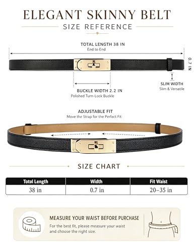 BEMYLV Skinny Belts for Women Dresses Turn-Lock Gold Buckle Adjustable Fashion Waist Belt for Pants Jeans Business Casual - color: Black
