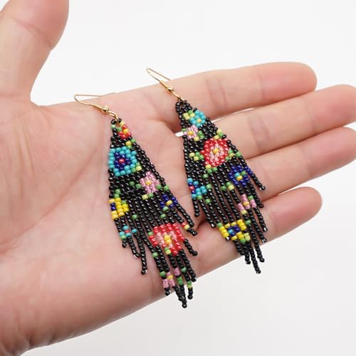 Flower Black Beaded Long Tassel Western Native American Earrings For Women Dangling - color: flower