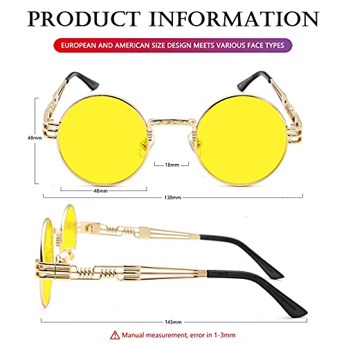 AIEYEZO Round Steampunk Sunglasses for Men Women Retro Circle Hippie Glasses Metal Frame 100% UV Blocking Lens - color: Gold/Ocean Yellow