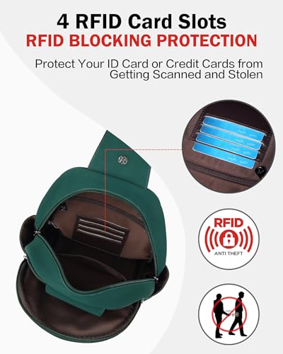 FADEON Large Sling Bag for Women, Leather Crossbody Purse Designer Anti Theft Sling Backpack, RFID Fanny Packs for Travel - color: Dark Green Nubuck Style
