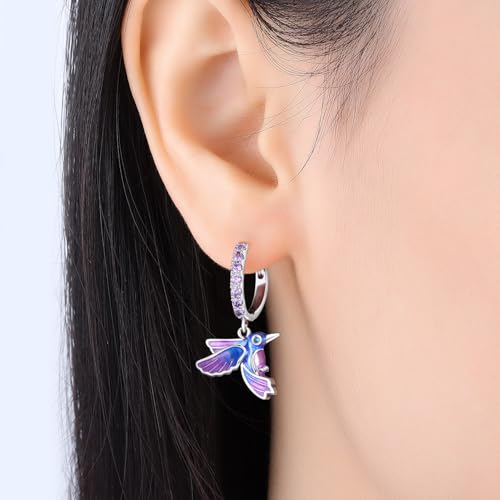 925 Sterling Silver Dangle Earrings for Women, Butterfly&Bee Animals Design, Hypoallergenic Jewelry gifts - color: Blue purple bird earrings