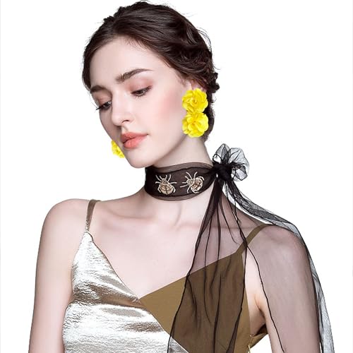 Oversized Fabric Flower Earrings for Women Statement Boho Chic Dangle Drop Earrings for Parties Weddings or Everyday Wear - color: Yellow