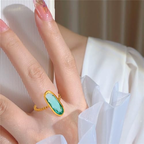 18K Gold Plated Adjustable Twisted Rings for Women Non Tarnish Oval Czech Glass Stone Stainless Steel Statement Rings Open Gemstone Boho Stackable Band Jewelry - color: Light Green