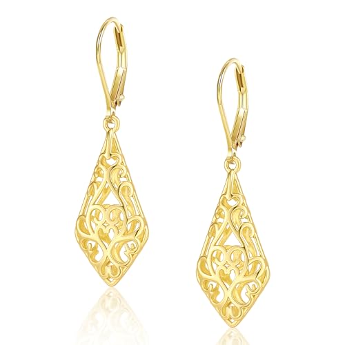 Dangle Earrings for Women, 14K Gold Plated Filigree Dangling Leverback Earrings, Silver Geometric Hypoallergenic Lightweight Dangly Drop Earings for Women Trendy Jewelry Gifts - color: A-14K Gold