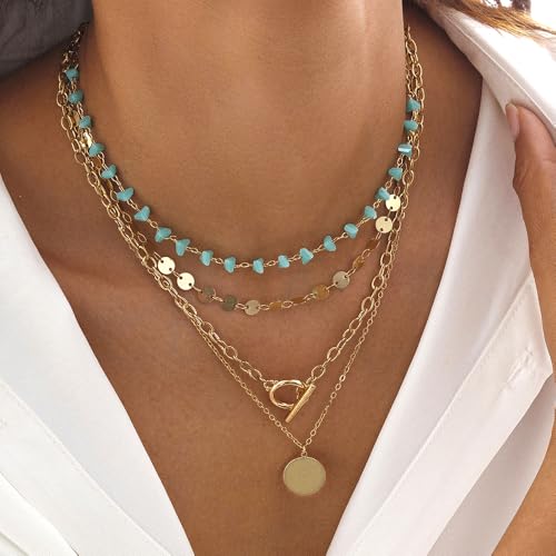 Layered Boho Necklace for Women Turquoise Stackable Sequin Coin Pendant Necklace Charm Toggle Clasp Beaded Chain Beach Prom Dresses Accessories - color: Gold-Round