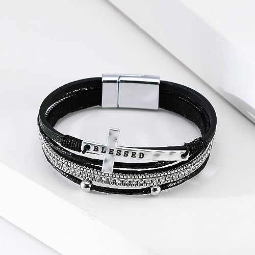 Fesciory Leopard Bracelet for Women, Boho Leather Wrap Multi-Layer Pearl Crystal Bracelet Bangle Jewelry - style: Blessed Cross(Black)