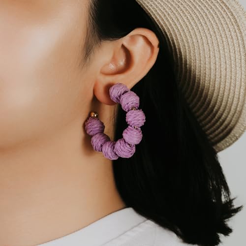 Raffia Hoop Earrings Statement Boho Beaded Earrings Cute Rattan Handmade Colorful Jewelry for Women Unique Summer Outfits - color: Purple