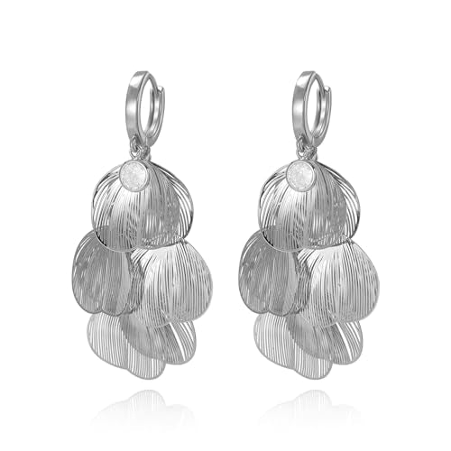 Boho Flower Layered Floral Leaf Drop Dangle Earring For Women,Metal CZ Gold Lightweight Flower Bohemian Gold Petal Exaggerated Jewelry Earrings For Women Brides Party Prom Wedding - color: White Gold