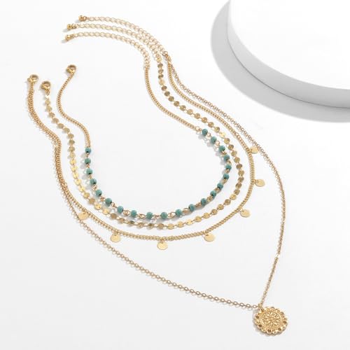 Layered Boho Necklace for Women Turquoise Stackable Sequin Coin Pendant Necklace Charm Toggle Clasp Beaded Chain Beach Prom Dresses Accessories - color: Gold-Sun