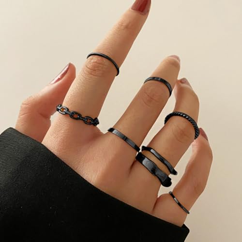 Simple Knuckle Rings Set for Women,Vintage Stackable Joint Finger Midi Rings Dainty Cute Rings Pack Festival Jewelry - color: B-Black