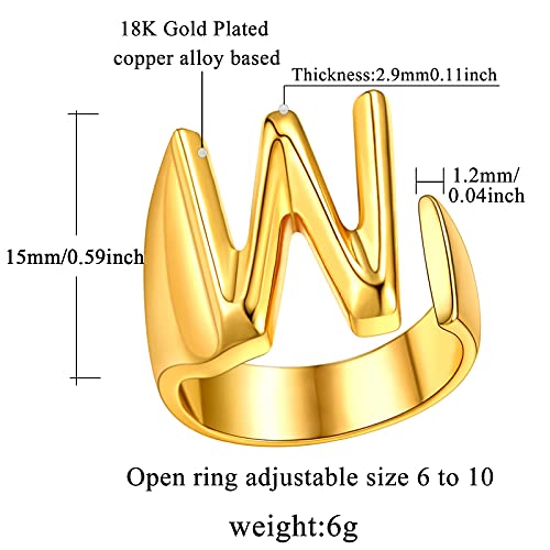 FindChic Customizable Initial Ring Statement 18K Gold Plated Fashion Cuff Rings for Women Alphabet Letter A to Z Resizable Knuckle Ring (with Gift Box) - color: W