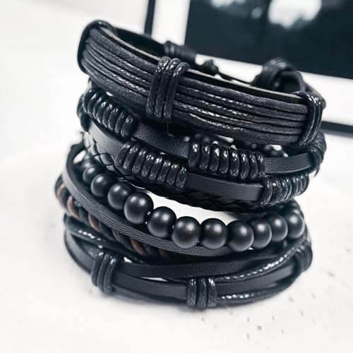Punk Braided Leather Bracelets for Men Women Gothic Wood Beaded Tribal Wrap Wristband Grunge Emo Multilayer Adjustable Mens Bracelet in Black Brown Fathers Day Gift - color: Black Cross