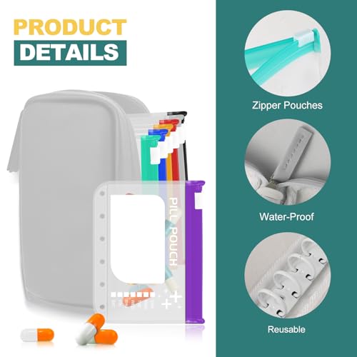 Timueetech A7 Waterproof Pill Organizer with 7 PCS L Size Zippered Pill Pouches for A7 Binder, Large BPA-Free Weekly Medicine Organizer, Color-Coded Reusable Travel Pill Storage System - color: White
