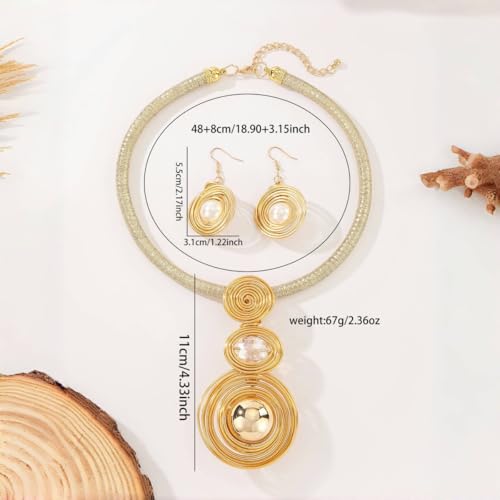 Large Spiral Pearl Rhinestone Pendant Necklace Earring Set for Women Handmade Chunky Statement Collar Choker Fashion Ethnic Tribal Wire Wrapped Adjustable Rope Chain Banquet Party Dress Jewelry - color: Gold