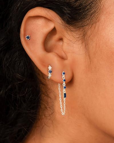 3 Pairs Small Earring Stacks, 14K Gold/Silver/Black/Rose Gold Plated Pearl Heart Butterfly Star Diamond Charm Drop Huggie Earrings Trendy Jewelry Gift for Women - color: Silver-Blue Chain