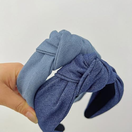 2 Pcs 6CM Wide Knotted Hair Hoops Vintage Denim Knot Headbands Non-Slip Elastic Top Thick Hairbands Dark Blue Light Blue